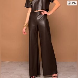 Lavender Brown Espresso Vegan Leather Wide Leg Pants